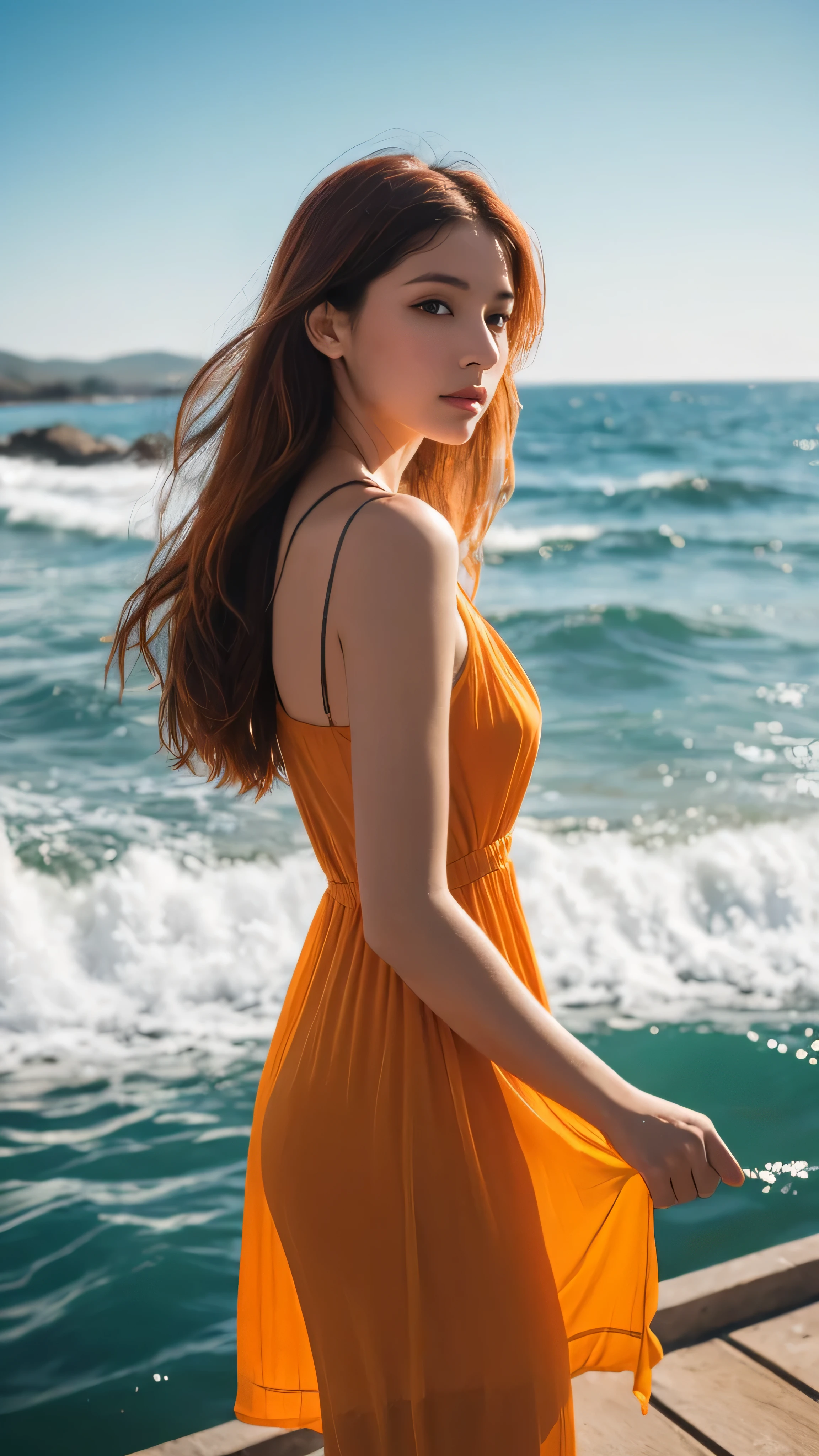 (masterpiece, Highest quality), ((woman, alone, Long Hair)), Ishmael_horn, Innocent look, Bare arms, Expose your shoulders, Bare neck, watercolor, Sundress, Liquid clothing, water, Wave, water dress, green_theme, night, mist, dark, Sharp focus, Ocean, See-through dress, Orange Hair