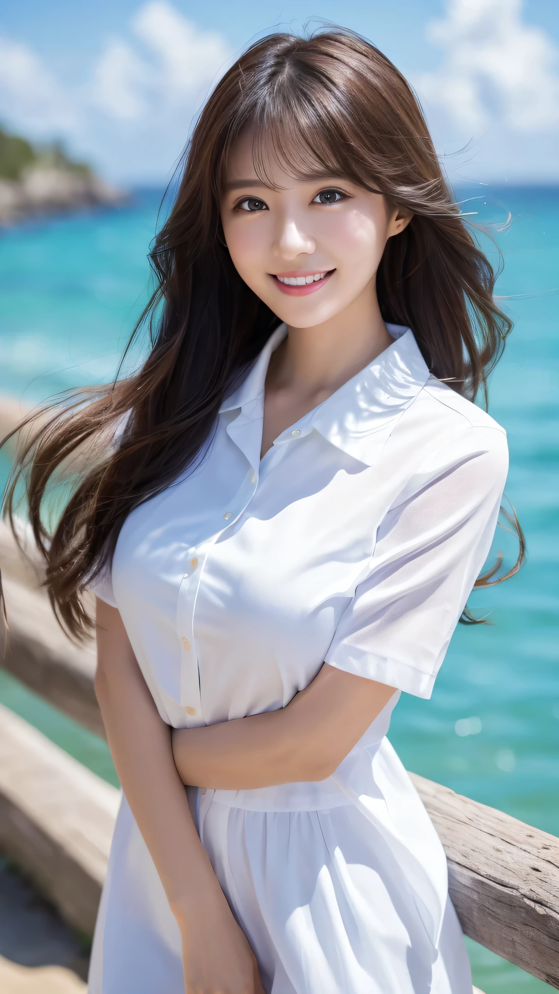 ((Highest quality、Tabletop、8k、Best image quality、Extremely intricate and detailed))、(1 person photo:1.1)、(Look at me with your best smile:1.1)、(Beautiful beaches:1.1)、(White polyester high short sleeve collar shirt:1.1)、(The perfect short sleeve collared shirt:1.1)、Accentuate your body lines、The most natural and perfect sea background、The clearest and most beautiful sea、(Very large breasts:1.1)、(Face close-up:1.2)、Attractive body、Hair swaying in the wind、Sandy Beach、Beautiful sea、The clearest and most shining sea、Complex sea glow、The most detailed and realistic ocean、The details of the beautiful sea are depicted.、(Very brightly lit face:1.2)、Ultra-high definition beauty face、(Ultra high resolution perfect beautiful teeth:1.1)、Ultra HD Hair、Ultra-high definition sparkling eyes、(Pure white skin shining in ultra-high resolution:1.2)、Ultra-high quality glossy lips、The cutest gravure pose、(Very bright and vivid:1.2)、(Very bright:1.2)、(Very refreshing:1.1)、(Glowing white beautiful skin:1.2)、(Very strong exposure:1.2)、(Pure white skin that shines Very brightly:1.2)、(Very strong highlights:1.2)、(Very bright and glowing skin:1.2)、Blurred Background