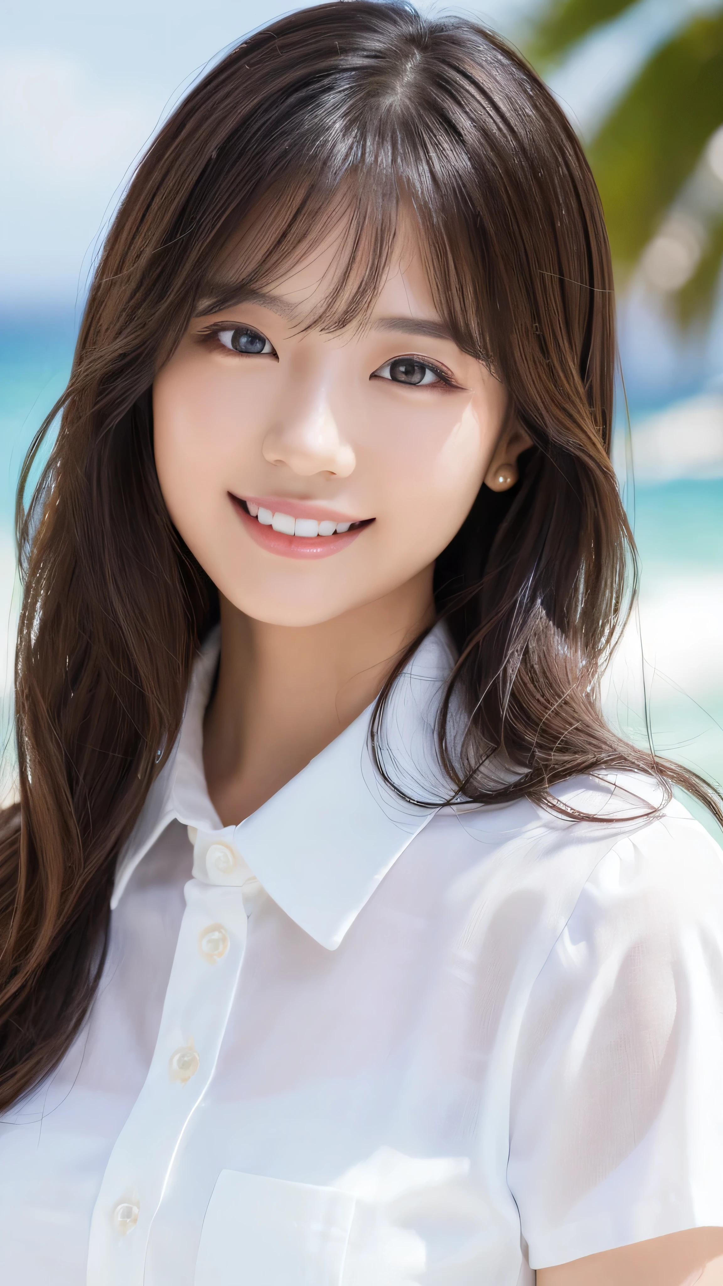 ((Highest quality、Tabletop、8k、Best image quality、Extremely intricate and detailed))、(1 person photo:1.1)、(Look at me with your best smile:1.1)、(Beautiful beaches:1.1)、(White polyester high short sleeve collar shirt:1.1)、(The perfect short sleeve collared shirt:1.1)、Accentuate your body lines、The most natural and perfect sea background、The clearest and most beautiful sea、(Very large breasts:1.1)、(Face close-up:1.2)、Attractive body、Hair swaying in the wind、Sandy Beach、Beautiful sea、The clearest and most shining sea、Complex sea glow、The most detailed and realistic ocean、The details of the beautiful sea are depicted.、(Very brightly lit face:1.2)、Ultra-high definition beauty face、(Ultra high resolution perfect beautiful teeth:1.1)、Ultra HD Hair、Ultra-high definition sparkling eyes、(Pure white skin shining in ultra-high resolution:1.2)、Ultra-high quality glossy lips、The cutest gravure pose、(Very bright and vivid:1.2)、(Very bright:1.2)、(Very refreshing:1.1)、(Glowing white beautiful skin:1.2)、(Very strong exposure:1.2)、(Pure white skin that shines Very brightly:1.2)、(Very strong highlights:1.2)、(Very bright and glowing skin:1.2)、Blurred Background
