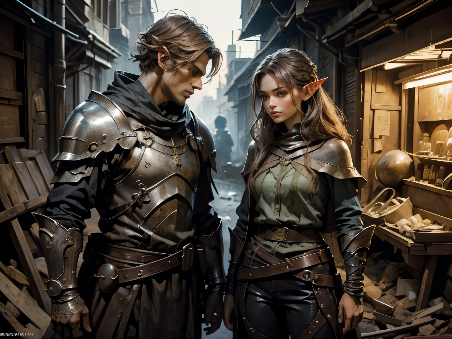 ((Medieval fantasy setting)). 1girl and 1man. 1 half-elf girl and 1 man in a dark alley in the city slums.
Background: Dark and dirty and deserted alley in city slums. Gray shabby walls.
"Echo is a 22-year-old half-elf. She has light brown skin. Thick light chestnut hair with caramel highlights and soft waves. Brown eyes with green hues. Her beautiful face is oval with soft features and pronounced cheekbones. She has full and attractive lips with a natural blush. A slight scar over her right eyebrow. Her ears are small like a human's but pointed like an elf's. Her physique is athletic and slim, she toned and flexible. She has a round and elastic body shapes. Light leather armor emphasizing her figure. Tight-fitting leather shorts highlighting her buttocks and athletic thighs, and a light blue silk shirt buttoned only a few buttons, leaving the cleavage and lower abdomen exposed. Her hair is braided."
"Man, Gray shabby clothes, dirty and worn."
Pose: The man stands leaning against the wall and holding his crotch with one hand, with a disgusting smug smile and offering Eho a blowjob.
Eho stands in front of him and holding a coin in her hand, slightly nodding her head, with a sly look and a slight mysterious smile.
Camera: From the side, emphasizing both characters and their interaction.
Background: Just a dark and dirty alley with no specific details.
Tags: smug smile, proposition, coin, sly look, mysterious smile, super detail, high details, high quality, best quality, highres, 4K