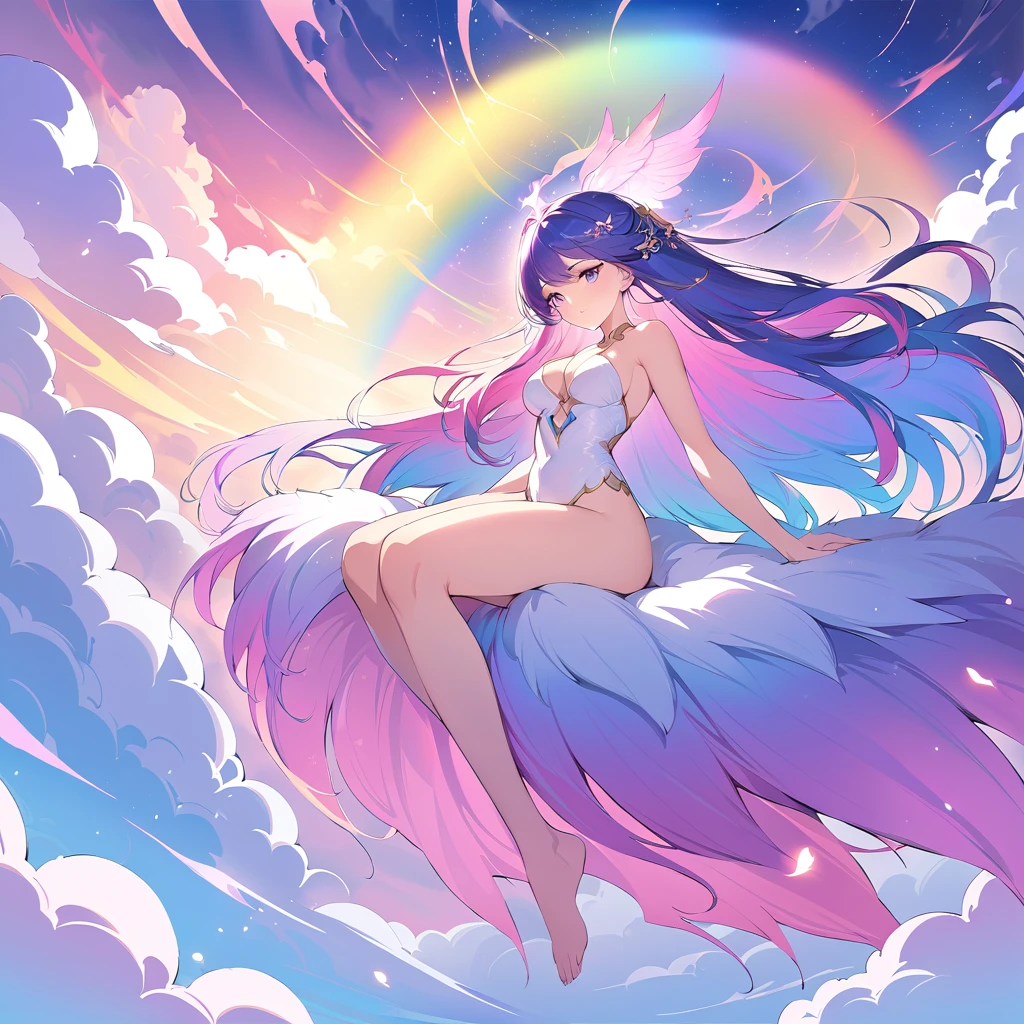 A stunningly ethereal woman, composed of a dazzling array of rainbow hues, reclines gracefully at the end of a radiant rainbow amidst the fluffy clouds in the sky. Bathed in dynamic and enchanting lighting, accentuates her vibrant, full-bodied form. Fantasy art. Masterpiece 