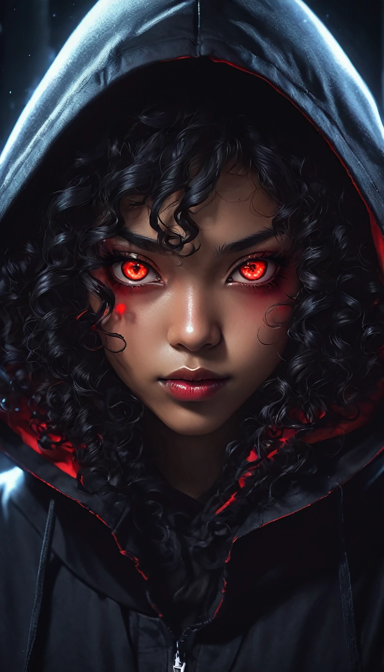 an Afro-descendant woman with long curly hair and red eyes wearing a black hood, anime foda 8k, 4K anime-style, com eerie glowing red eyes, com eerie glowing red eyes, 4k anime wallpaper, 4k anime wallpaper, 4k anime wallpaper, 4k anime art wallpaper, 8K anime art wallpaper, 4k anime art wallpaper, eerie glowing red eyes, demon anime girl