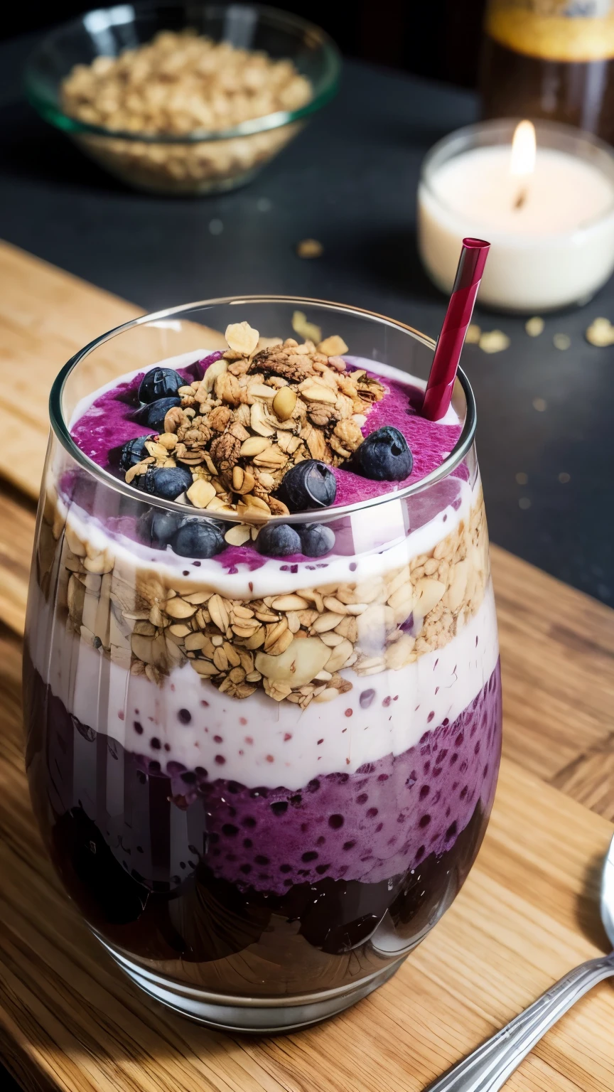 Açaí Smoothie Bowl with Granola in a glass and cup