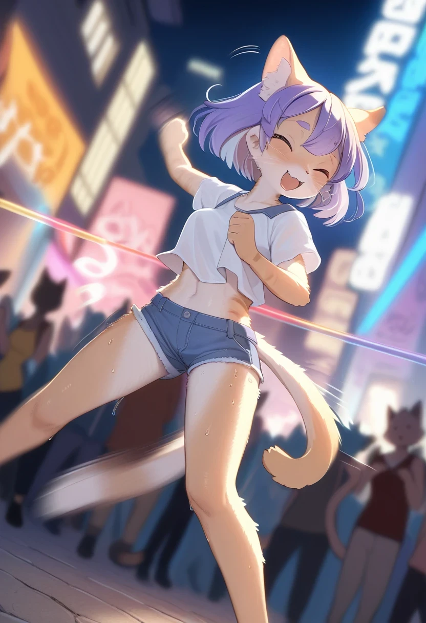 ((Masterpiece)), ((Best Quality)), (Very Detailed), ((Very Detailed)), 4K, (8K), very aesthetic, absurdres highres, 1 girl, (anthropomorphic cat, furry, kemono:1.5), Against the backdrop of the night skyline of the city, a female street dancer wears casual street clothes and performs a fast and sharp dance performance at a street festival. She wore a short haircut dyed in bright colors, her sweat glistening and the excited expressions on the audience's faces visible. In the background, there is a wall covered in graffiti, and many spectators are fascinated by her performance. The audience cheered, clapped, and swayed as she moved. (motion blur, motion line:1.5),
