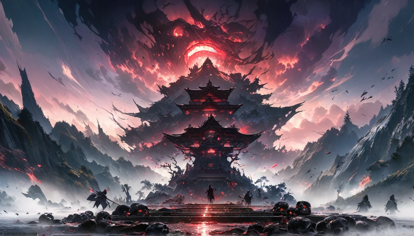(nightscape), horror, Haunted, corpses, skulls, Image representing hell, necronomicon, Picture Style Painting, realisitic, eyeshadows, High Definition, high qualiy, cinematic Popular themes on artstation pixiv, arknight, Digital art on Pixiv,detailed art, Japanese anime fantasy illustrations., Author:Heroes, anime art wallpaper 8k, Sky Witch, pixiv style, anime art wallpaper 4k, anime art wallpaper 4k, Ink wash style