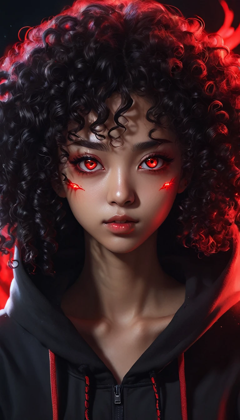 an Afro-descendant woman with long curly hair and red eyes wearing a black hood, anime foda 8k, 4K anime-style, com eerie glowing red eyes, com eerie glowing red eyes, 4k anime wallpaper, 4k anime wallpaper, 4k anime wallpaper, 4k anime art wallpaper, 8K anime art wallpaper, 4k anime art wallpaper, eerie glowing red eyes, demon anime girl