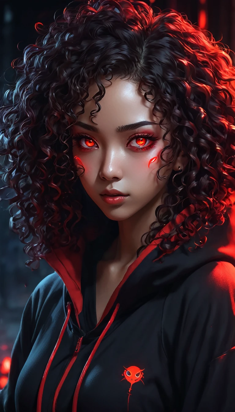 an Afro-descendant woman with long curly hair and red eyes wearing a black hoodie and red details, anime foda 8k, 4K anime-style, com eerie glowing red eyes, com eerie glowing red eyes, 4k anime wallpaper, 4k anime wallpaper, 4k anime wallpaper, 4k anime art wallpaper, 8K anime art wallpaper, 4k anime art wallpaper, eerie glowing red eyes, demon anime girl