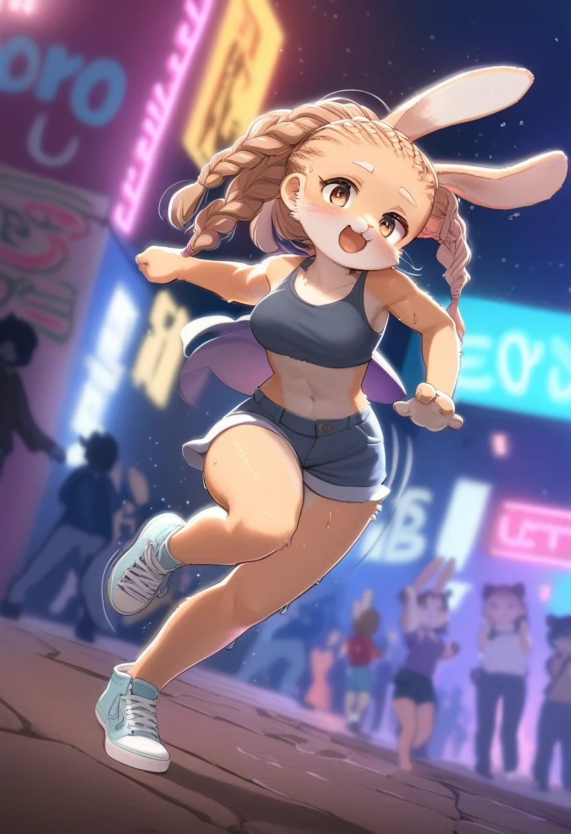 ((Masterpiece)), ((Best Quality)), (Very Detailed), ((Very Detailed)), 4K, (8K), very aesthetic, absurdres highres, 1 girl, (anthropomorphic Rabbit, furry, kemono:1.5), In the night view of the city, a female street dancer is wearing casual street clothes at a street festival and performing a sharp dance performance while being illuminated by neon lights. She has a high ponytail, her movements are fast, and her sweat is glistening. In the background, there is a wall covered in graffiti, and many people in the audience are looking at her with excited expressions. The audience cheers, The audience watched her performance with cries of surprise and excitement.