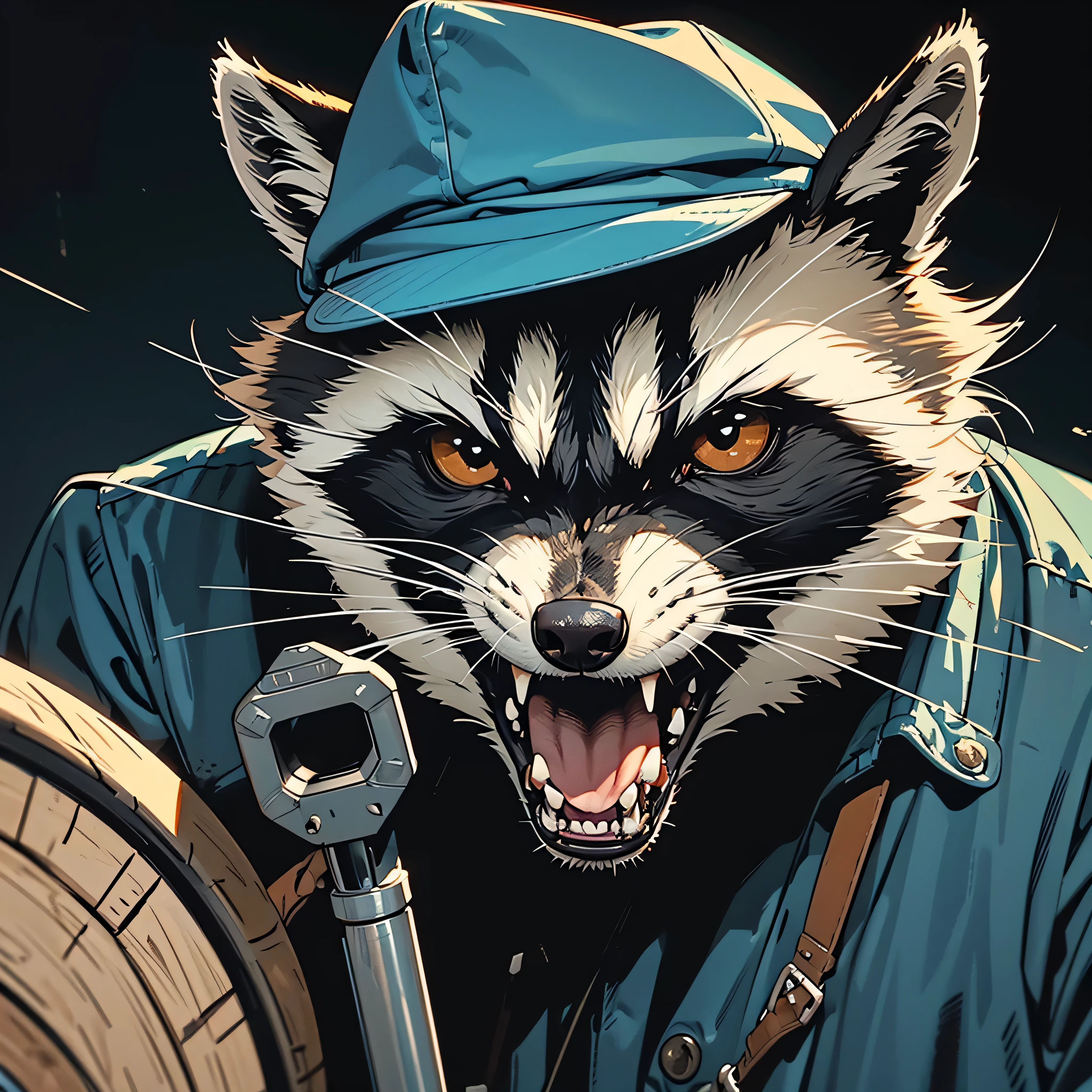 rage racoon illustration, angry face, shouted mouth, wearing bicycle cap, biting a wrench, face close up 