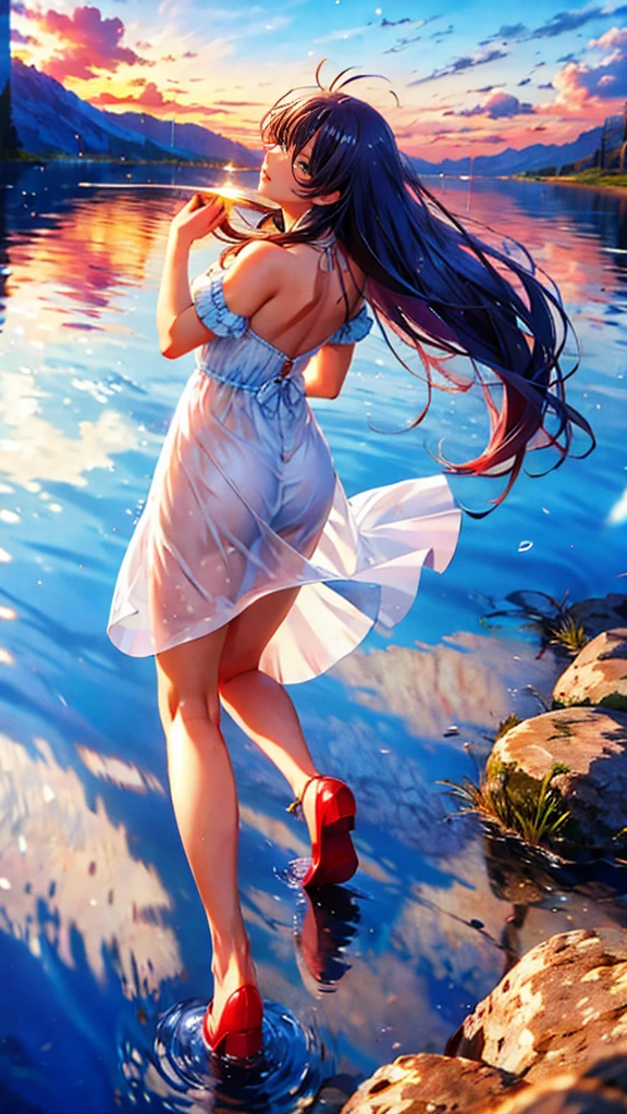 1girl, looking up at the sky, vast landscape, blue sky, outdoor, backview, flowers at her feet, wind blowing hair, reflection on water surface, anime style, detailed facial features, beautiful eyes, cute expression, serene, peaceful, dreamlike, vibrant colors, soft lighting, high quality, 8k, photorealistic, masterpiece, digital art