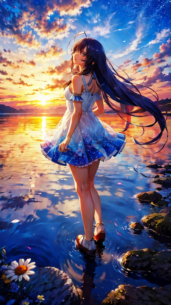 1girl, looking up at the sky, vast landscape, blue sky, outdoor, backview, flowers at her feet, wind blowing hair, reflection on water surface, anime style, detailed facial features, beautiful eyes, cute expression, serene, peaceful, dreamlike, vibrant colors, soft lighting, high quality, 8k, photorealistic, masterpiece, digital art