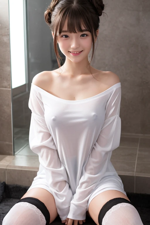 high quality, detailed,lots of water droplets.(at night:2.0),blue eyes.she is japanese gal,standing prostitute,in the shower room,she has a mole under her eye,very small breasts,(wearing long sleeve white oversized t-shirt dress,offshoulder,very very wet thin fabric shirt,),blunt bangs,((bun hair)),huge smile,((wearing overknee socks)),slender,face up,nipples,temptation