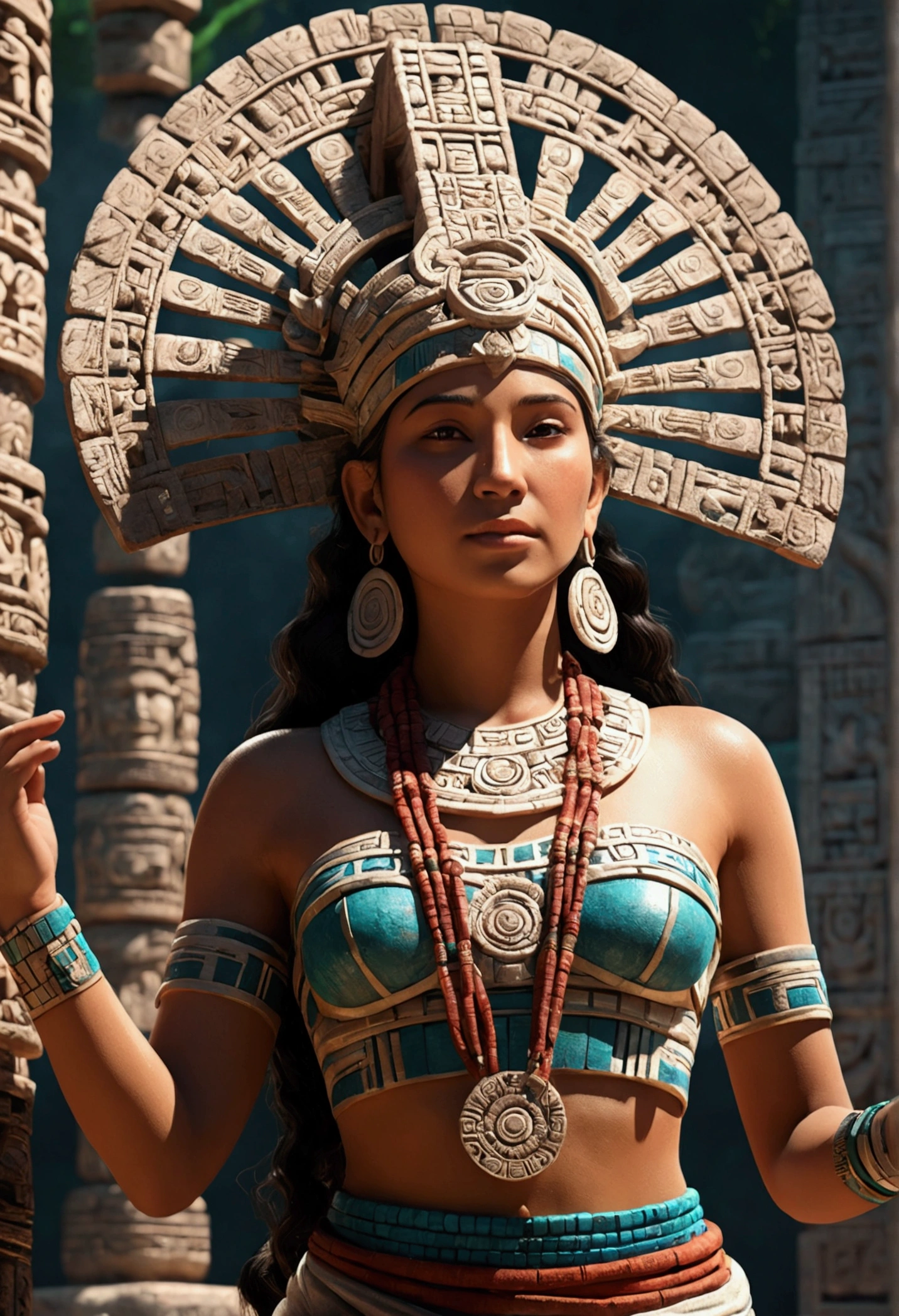 (((Young Mayan Goddess))) Best Quality, ultra high resolution, Detailed 4K CG, masterpiece, Itzamná, God of the heavens, mayan mythology, old man, old, ancient, sunlight, Mayan temples, mayan clothing, mexico, aesthetics, beautiful image, centered on screen