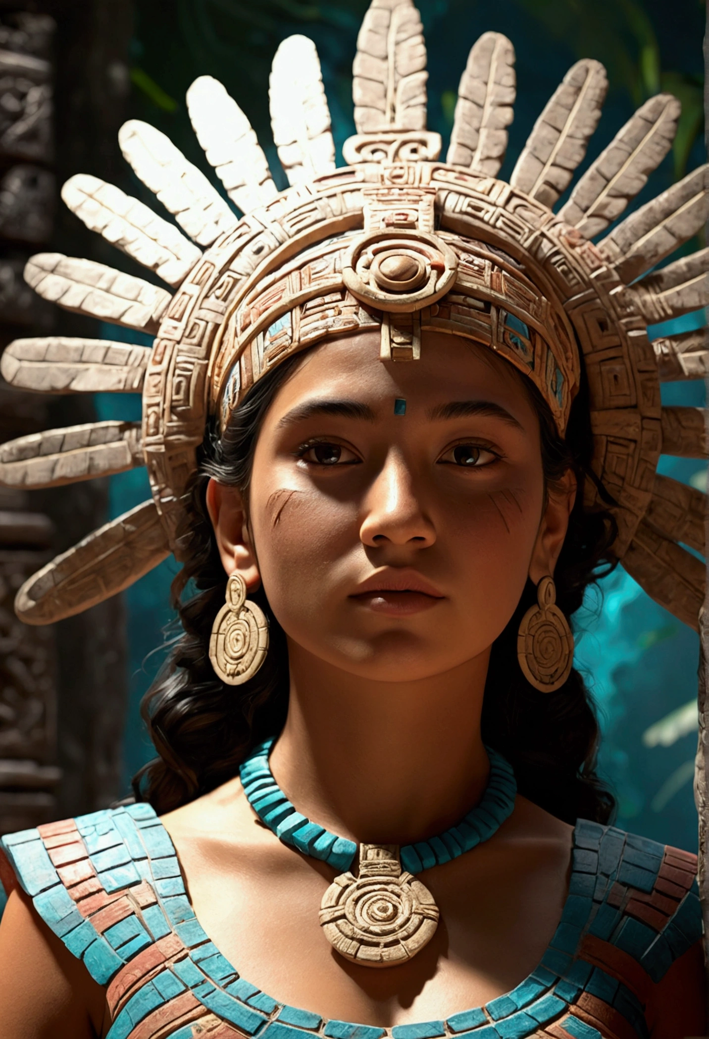 (((Young Mayan Goddess))) Best Quality, ultra high resolution, Detailed 4K CG, masterpiece, Itzamná, God of the heavens, mayan mythology, old man, old, ancient, sunlight, Mayan temples, mayan clothing, mexico, aesthetics, beautiful image, centered on screen