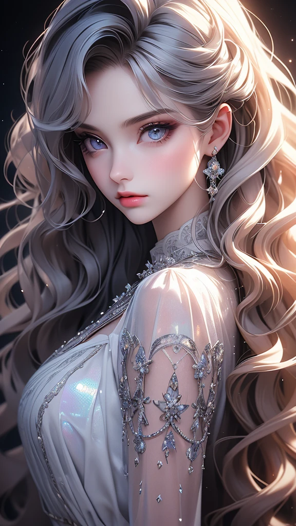 (masterpiece, sidelighting, finely detailed beautiful eyes: 1.2), 3d face, realistic, perfect face, masterpiece, highest quality, approaching perfection, (perfect face:1.1), (high detail:1.1), dramatic, (girl), pale skin, (holographic long wavy hair:1.4), white eyes, solo, long hair, white luxury fur coat, white dress, nob, albino, Luminous Studio graphics engine, pouty lips, devil magician, volumetric lighting, detailed eyes, (8k wallpaper masterpiece), hyper detailed, intricately detailed, overwhelmingly pixel perfect, roses, fashion, on side, looking at viewer