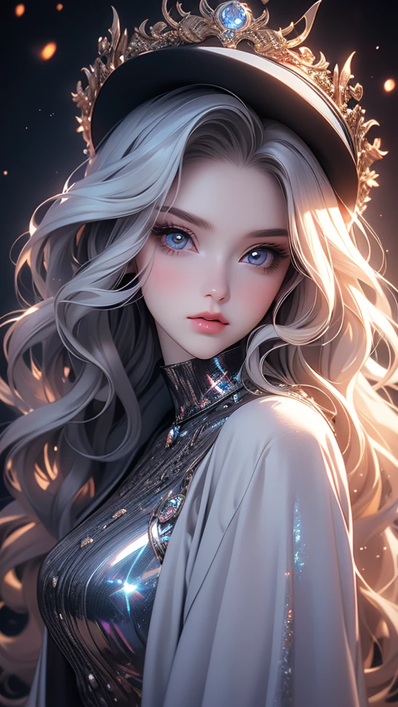 (masterpiece, sidelighting, finely detailed beautiful eyes: 1.2), 3d face, realistic, perfect face, masterpiece, highest quality, approaching perfection, (perfect face:1.1), (high detail:1.1), dramatic, (girl), pale skin, (holographic long wavy hair:1.4), white eyes, solo, long hair, white luxury fur coat, white dress, nob, albino, Luminous Studio graphics engine, pouty lips, devil magician, volumetric lighting, detailed eyes, (8k wallpaper masterpiece), hyper detailed, intricately detailed, overwhelmingly pixel perfect, roses, fashion, on side, looking at viewer