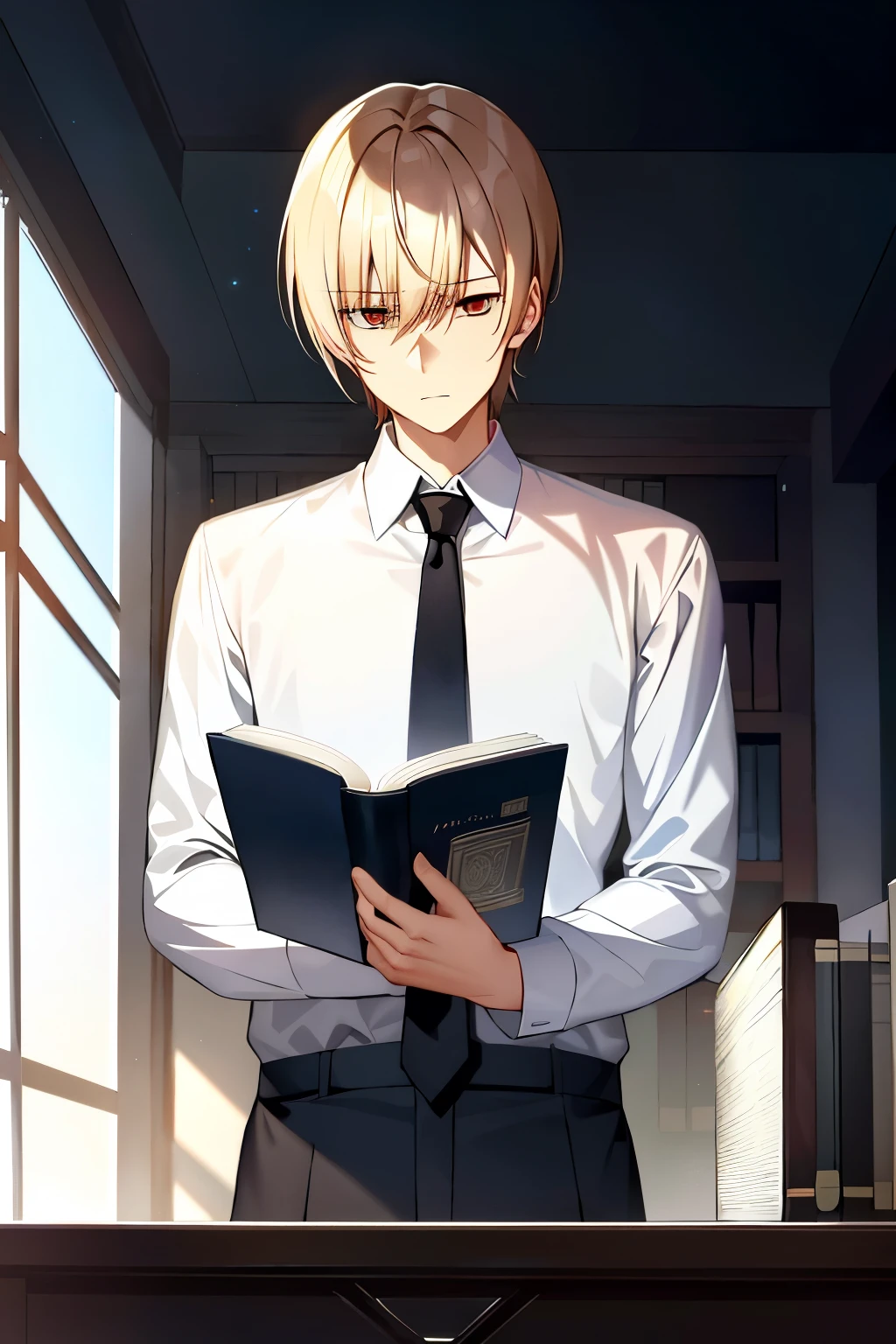 Yagami Light, immersed in thought, is depicted in the prompt with aJava book in hand. His signature sleek hairstyle, styled in a side part, frames his sharp, focused gaze as he studies the text within the open pages of the book. Light's eyes, a striking contrast to the darkness of the room, are illuminated by the soft glow of the nearby desk lamp. A faint blush adorns his pale skin, hinting at his inner tension or excitement as he delves deeper into his studies. Wearing his casual outfit, Light's stark white shirt contrasts perfectly with the black depths of his infamous eyes. The Java book, with its familiar logo and cover,
