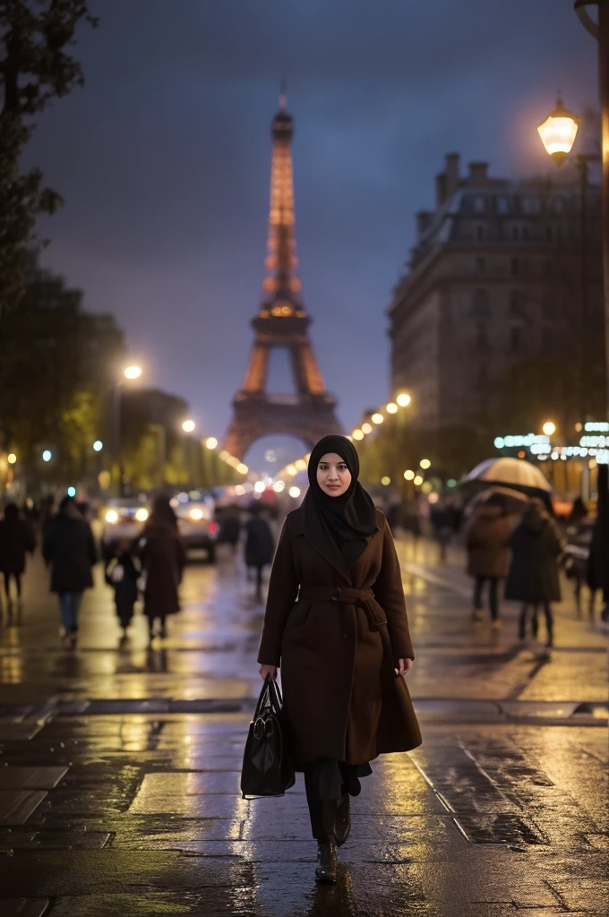 Create a cinematic shot of a gorgeous 26-year-old malay woman walking in the middle of a park. She is dressed in elegant brown winter fashion with a long black hijab wrapped around her neck (covering all her hair completly). Her face is symmetrical and stunning, with natural makeup, and she exudes a sultry, flirty look. The scene is set at night with drizzling rain, wet streets, and lots of pedestrians strolling around. The Eiffel Tower stands majestically in the background, illuminated against the night sky.

Use a Medium Long Shot to capture her full-length appearance as she walks. The camera tracks her subject walking forwards, maintaining a steady view of her elegant winter attire and the surrounding park environment. The streets and the Eiffel Tower should be in sharp focus, showcasing the cinematic lighting and the realistic, detailed atmosphere of the scene. The resolution should be ultra HD and 4K to highlight every aspect of her attire and the environment.