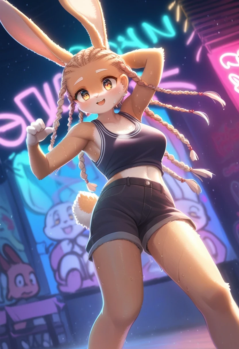 ((Masterpiece)), ((Best Quality)), (Very Detailed), ((Very Detailed)), 4K, (8K), very aesthetic, absurdres highres, 1 girl, (anthropomorphic Rabbit, furry, kemono:1.5), On the night of a street festival illuminated by warm-colored lights, a female street dancer performs an energetic dance performance in casual street clothes. She has cornrow braids, moves fast, cuts, and shines with sweat. In the background is a wall with neon lights and graffiti, and many people in the audience stare at her with lively expressions. The audience watched her performance with cries of surprise and excitement.