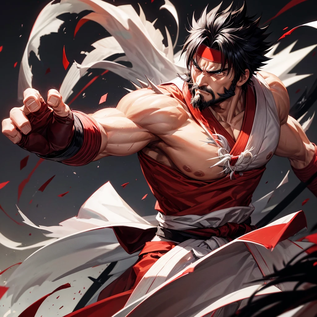 Angry man, Japanese, Cao Cao, brawny, short straight black spiky hair, wearing a red headband, wearing a white karate gi, black karate belt around the waist, face with short beard , five fingers and only 2 arms
