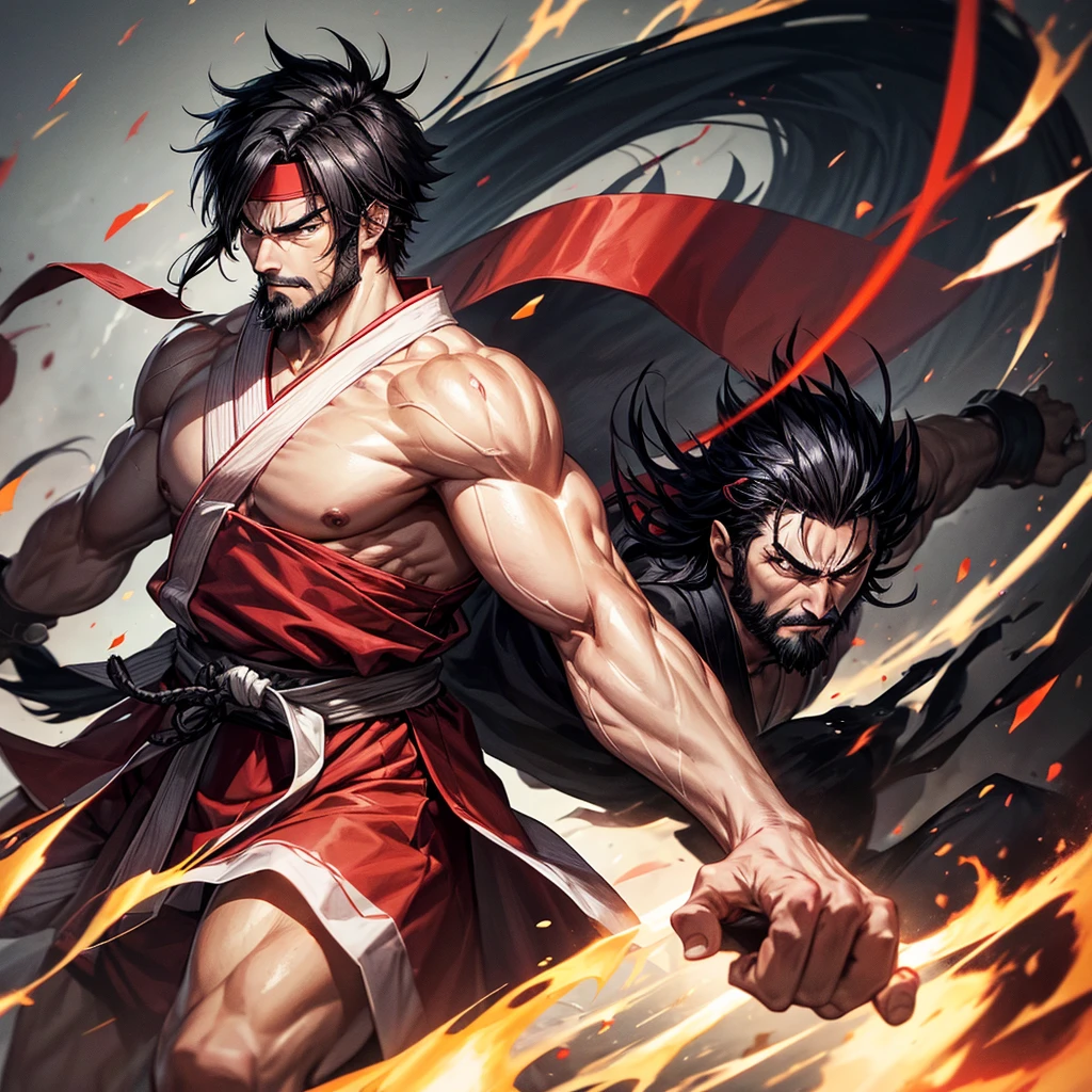 Angry man, Japanese, Cao Cao, brawny, short straight black spiky hair, wearing a red headband, wearing a white karate gi, black karate belt around the waist, face with short beard , five fingers and only 2 arms