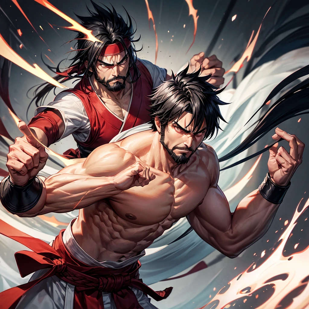 Angry man, Japanese, Cao Cao, brawny, short straight black spiky hair, wearing a red headband, wearing a white karate gi, black karate belt around the waist, face with short beard , five fingers and only 2 arms