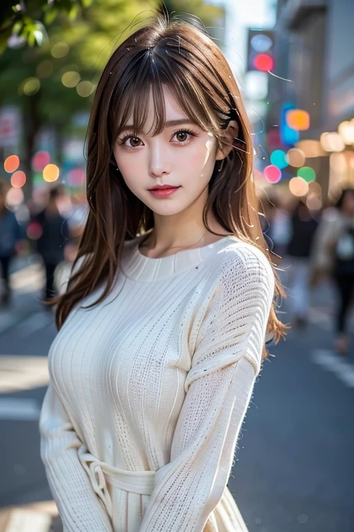 Masterpiece, 1 beautiful girl, A detailed eye, Puffy eyes, top-quality, 超A high resolution, (Realisticity: 1.4), cinematlic lighting, japanes, Asian Beauty, Super beauty, Beautiful skin, A slender, The body facing forward, (A hyper-realistic), (hight resolution), (8k), (ighly detailed), (beautifully detailed eyes), (Ultra-detail)、 (wall-), A detailed face, Bright lighting, profetional lighting, looking at viewert, Facing straight ahead, (The costume a knitted dress), Long hair, hair messy, asymmetrical bangs, night street scene, Brown hair, Japan idle, Korean Idol, hposing Gravure Idol, age25, tall, smile,
