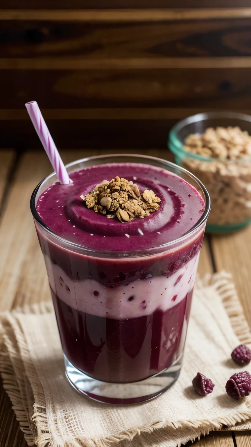 Smoothie glass de Açaí com Granola em um copo e conudo