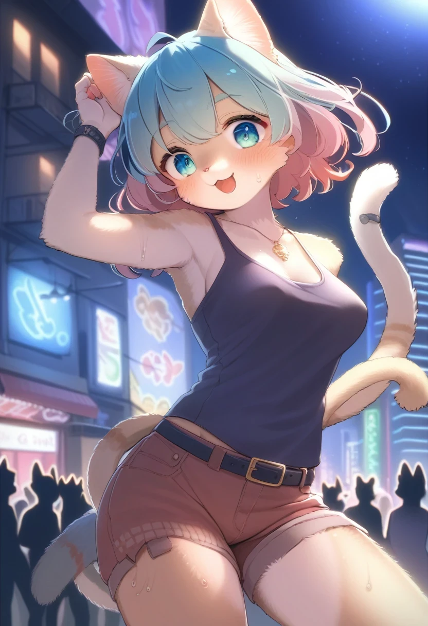 ((Masterpiece)), ((Best Quality)), (Very Detailed), ((Very Detailed)), 4K, (8K), very aesthetic, absurdres highres, 1 girl, (anthropomorphic cat, furry, kemono:1.5), Against the backdrop of the night skyline of the city, a female street dancer wears casual street clothes and performs a fast and sharp dance performance at a street festival. She wore a short haircut dyed in bright colors, her sweat glistening and the excited expressions on the audience's faces visible. In the background, there is a wall covered in graffiti, and many spectators are fascinated by her performance. The audience cheered, clapped, and swayed to her movements while filming with their smartphones,