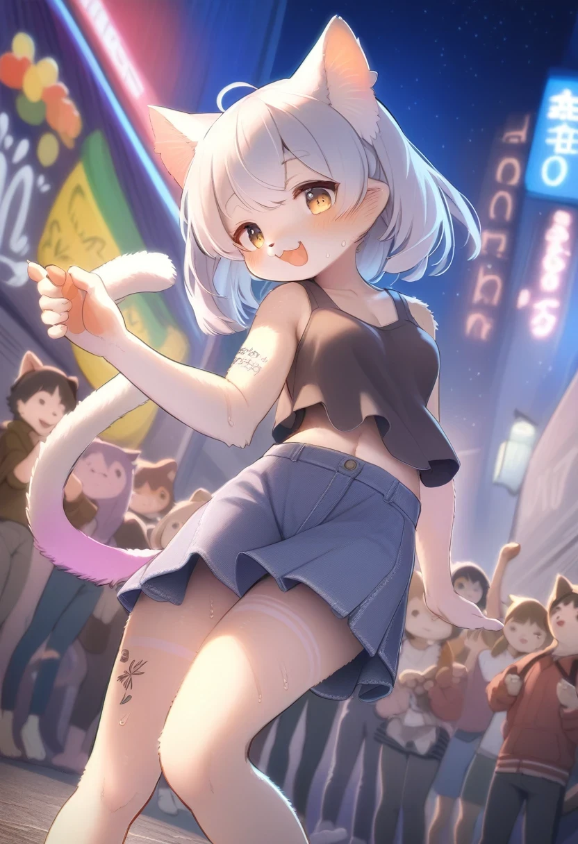 ((Masterpiece)), ((Best Quality)), (Very Detailed), ((Very Detailed)), 4K, (8K), very aesthetic, absurdres highres, 1 girl, (anthropomorphic cat, furry, kemono:1.5), Against the backdrop of the night skyline of the city, a female street dancer wears casual street clothes and performs a fast and sharp dance performance at a street festival. She wore a short haircut dyed in bright colors, her sweat glistening and the excited expressions on the audience's faces visible. In the background, there is a wall covered in graffiti, and many spectators are fascinated by her performance. The audience cheered, clapped, and swayed to her movements while filming with their smartphones,