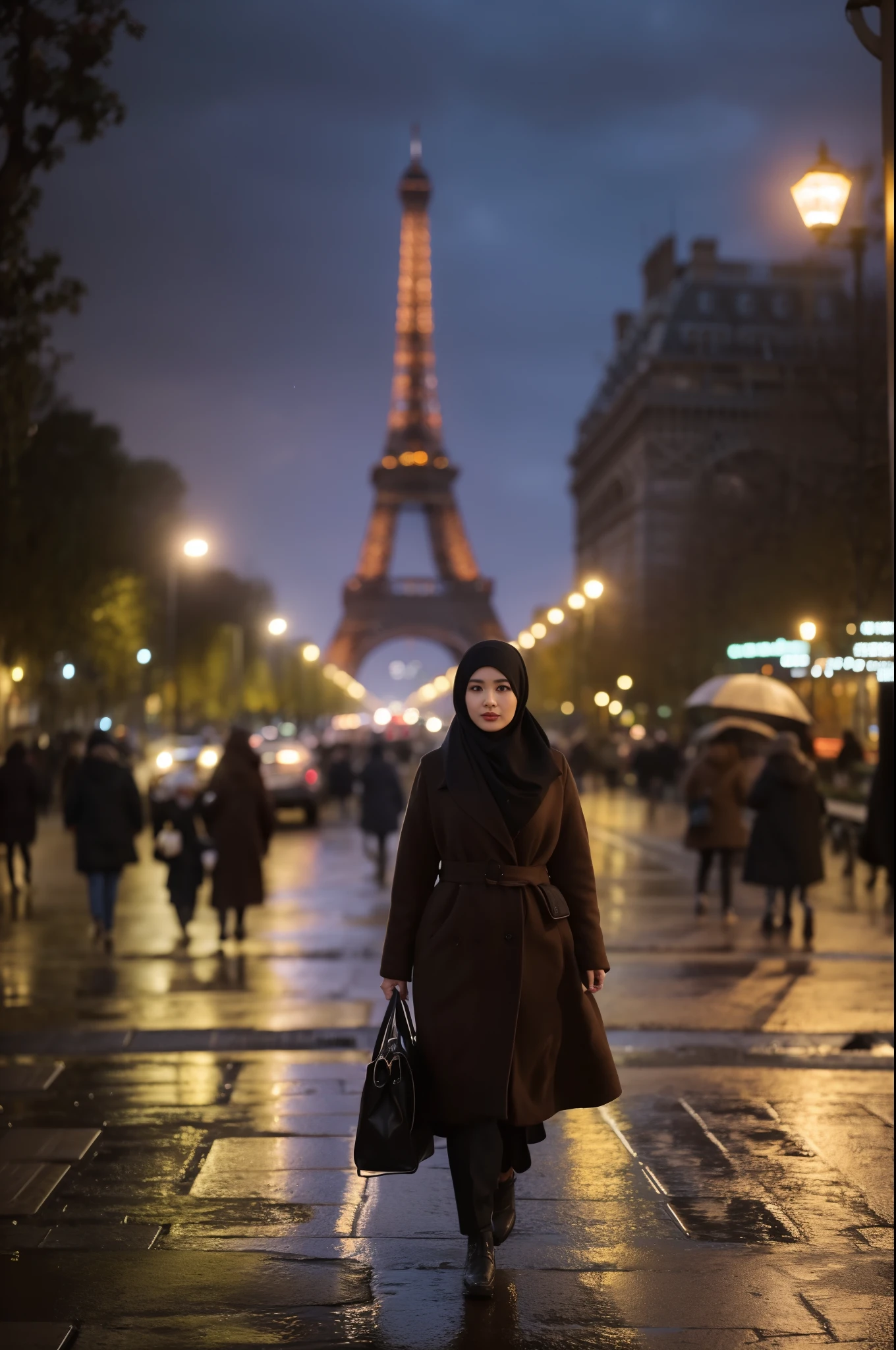 Create a cinematic shot of a gorgeous 26-year-old malay woman walking in the middle of a park. She is dressed in elegant brown winter fashion with a long black hijab wrapped around her neck (covering all her hair completly). Her face is symmetrical and stunning, with natural makeup, and she exudes a sultry, flirty look. The scene is set at night with drizzling rain, wet streets, and lots of pedestrians strolling around. The Eiffel Tower stands majestically in the background, illuminated against the night sky.
Use a Medium Long Shot to capture her full-length appearance as she walks. The camera tracks her subject walking forwards, maintaining a steady view of her elegant winter attire and the surrounding park environment. The streets and the Eiffel Tower should be in sharp focus, showcasing the cinematic lighting and the realistic, detailed atmosphere of the scene. The resolution should be ultra HD and 4K to highlight every aspect of her attire and the environment.