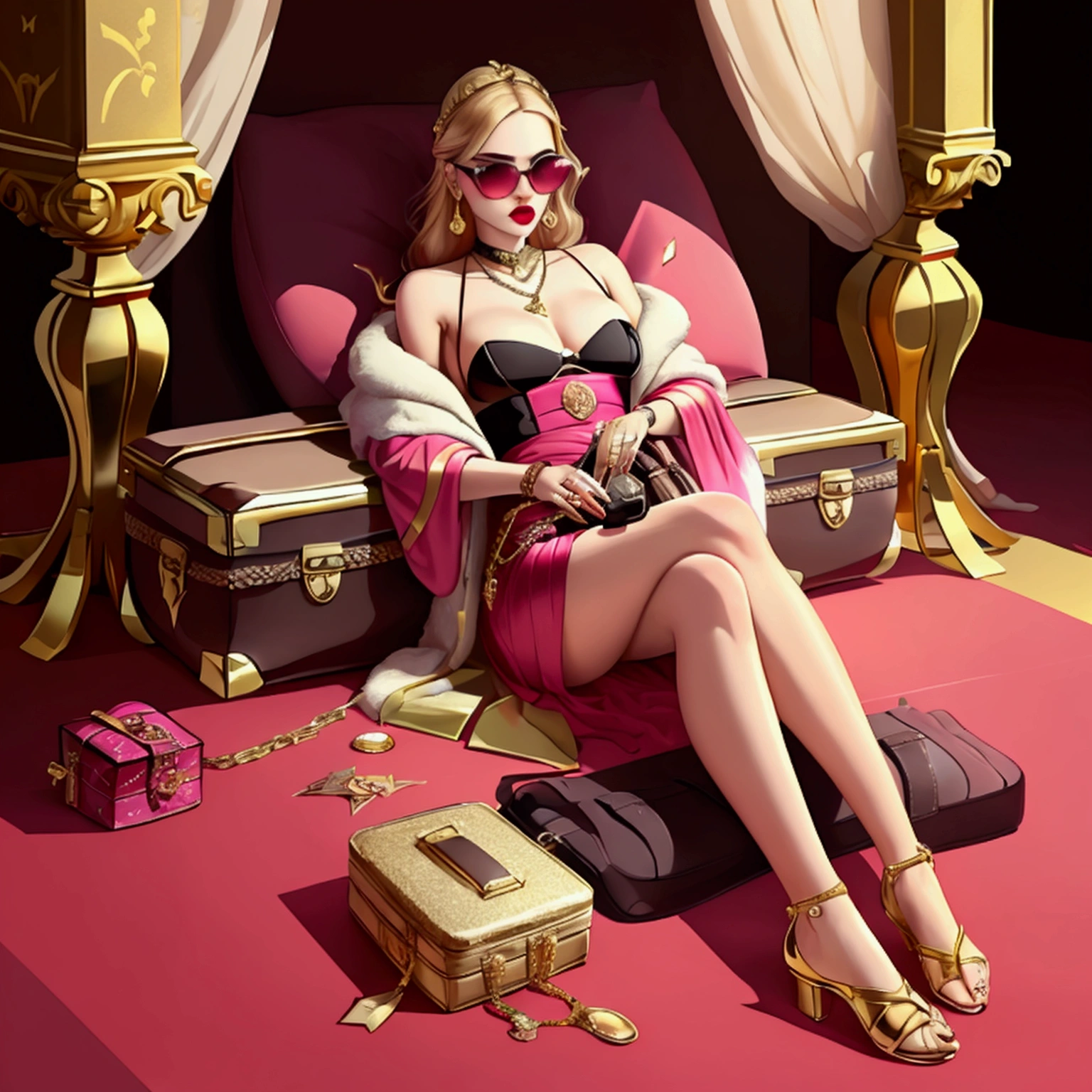 Create an image that represents a contrasting theme between luxury and violence. The image should show a luxurious knife with gold details and the word "lore" written not out. duffel bag de grife branca, A duffel bag deve estar aberta, revealing luxurious items like red lipstick, a golden perfume bottle, sunglasses with heart shaped frames, and a gold chain necklace. Furthermore, a duffel bag deve conter três smartphones, one of them stained with blood. The scene should be set against a pink fabric background with soft folds., e deve haver uma faca ensanguentada parcialmente visível saindo da duffel bag. The aim is to create a shocking contrast between the elements of luxury and the presence of blood and violence,duffel bag, duffel bag feminina,Patricinha,femalle Acessories, shiny luxurious pink fabric, pink satin, gold, gold, Diamant.