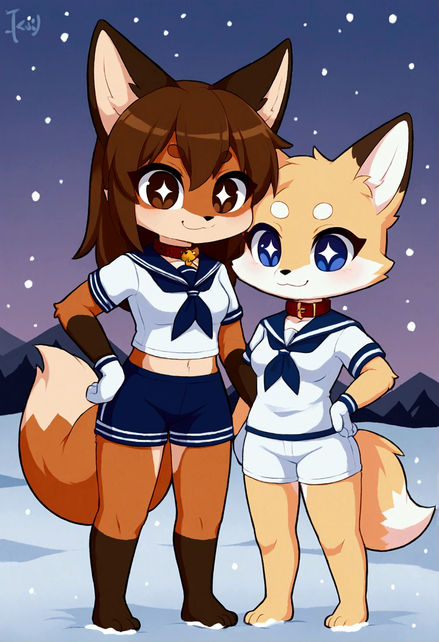 2girls, fox and tanuki, furry, bodyfur, tail, collar, sailor suit, short sleeves, jersey pants, long pants, white gloves, barefeet, chibi, sparkling eyes, full body, snow, piggyback