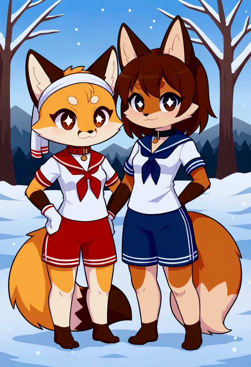 2girls, fox and tanuki, furry, bodyfur, tail, collar, sailor suit, short sleeves, jersey pants, long pants, white gloves, barefeet, chibi, sparkling eyes, full body, snow, piggyback