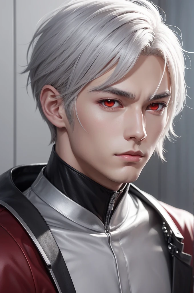 Create the image of a young man, no style digital art anime fanart simple, Your skin is metallic as if it were made of steel, vibrant red eye, short old money style white hair, your neutral facial expression, wearing a gray .