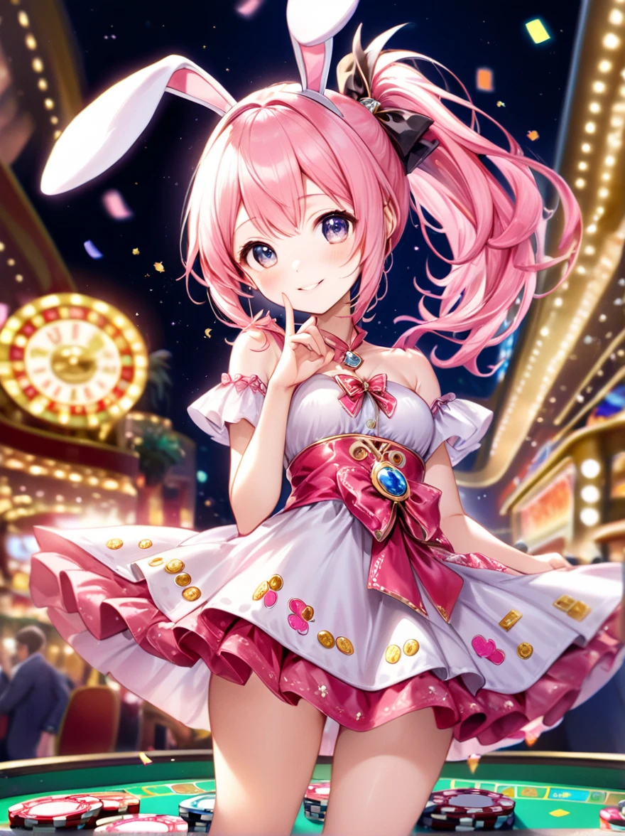 (Highest quality, 8k, 32K, masterpiece, Ultra-high resolution,:1.2),to be born, One Girl,So cute , Casino-like fantasy background, clear, Shining Eyes, Age 25 ,Fair skin, Pink Haired Girl, Fantasy Clothing, Hair, An innocent smile, Small Dress, night, Bunny girl, Rabbit Ears,Nyan Nyan Pose,sexy,Ponytail and Hair Tie
