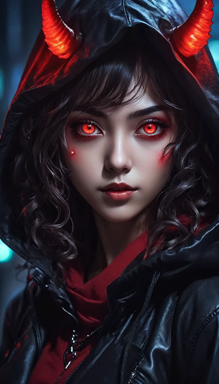 a woman of African descent with long curly hair and red eyes wearing a black leather hood, anime foda 8k, 4K anime-style, com eerie glowing red eyes, com eerie glowing red eyes, 4k anime wallpaper, 4k anime wallpaper, 4k anime wallpaper, 4k anime art wallpaper, 8K anime art wallpaper, 4k anime art wallpaper, eerie glowing red eyes, demon anime girl