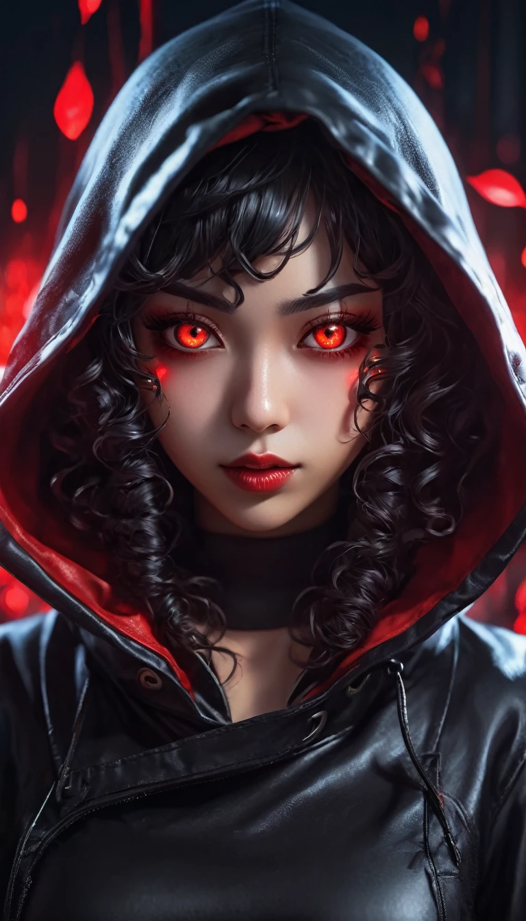 a woman of African descent with long curly hair and red eyes wearing a black leather hood, anime foda 8k, 4K anime-style, com eerie glowing red eyes, com eerie glowing red eyes, 4k anime wallpaper, 4k anime wallpaper, 4k anime wallpaper, 4k anime art wallpaper, 8K anime art wallpaper, 4k anime art wallpaper, eerie glowing red eyes, demon anime girl