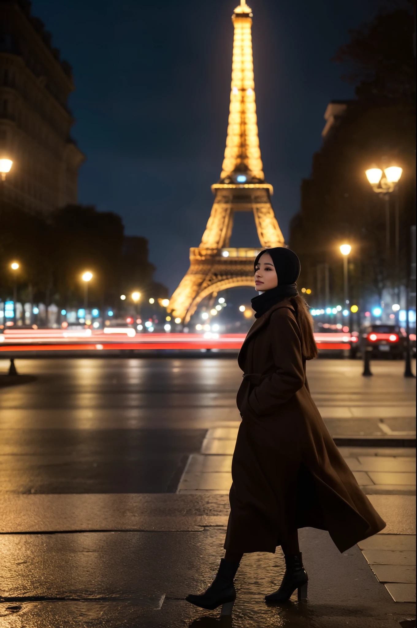 Create a cinematic shot of a gorgeous 26-year-old malay woman walking in the middle of a park. She is dressed in elegant brown winter fashion with a long black hijab wrapped around her neck (covering all her hair completly). Her face is symmetrical and stunning, with natural makeup, and she exudes a sultry, flirty look. The scene is set at night with drizzling rain, wet streets, and lots of pedestrians strolling around. The Eiffel Tower stands majestically in the background, illuminated against the night sky.

Use a Medium Long Shot to capture her full-length appearance as she walks. The camera tracks her subject walking forwards, maintaining a steady view of her elegant winter attire and the surrounding park environment. The streets and the Eiffel Tower should be in sharp focus, showcasing the cinematic lighting and the realistic, detailed atmosphere of the scene. The resolution should be ultra HD and 4K to highlight every aspect of her attire and the environment.