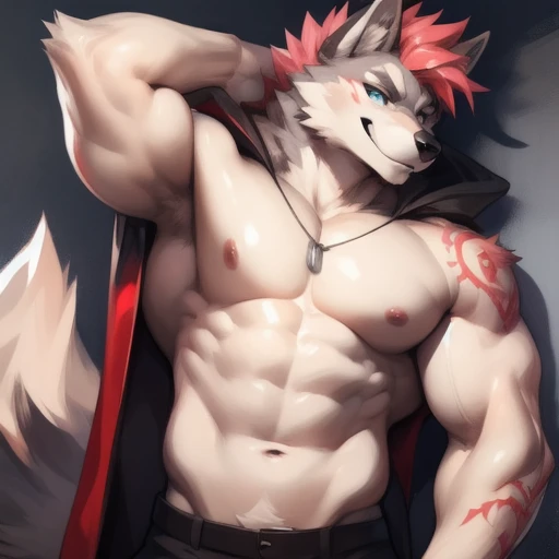 upload on e621, by Pino Daeni, by null-ghost, by kiyosan, Masterpiece, best quality, ultra high res, 4K, 8k HD, 2D, perfect anatomy, digital art, official art, extreme detailed, ultra detailed, strapsanime, color, soft shading, sharp focus, bedroom background, powered up fire aura, 1boy, gray body fur, white belly, detailed fluffy fur, ultra detailed face, detailed eyes, detailed iris eyes, detailed blue eyes, white sclera, black pupils, navel, abs, bare pectoral, black claw nails, furry wolf male, mature male, gray huge bulky muscular body fur, canid, huge muscles, huge pecs, huge biceps, canine, canis, mammal, powerful wolf, wolf male, smile face, grin expression, red tattoo lines on muzzle, crossed arm pose, sexy, wolf anthro, solo, looking at viewer, standing, wearing full complete sleeveless long black coat/jacket, black full complete sleeveless long coat/jacket, shirtless, pink longest hair, pink longest back fur hair, pink longest hair fur front lay on pecs, perfect fingers, gray hands and fingers, wearing fingerless black gloves, black gloves, both black armbands on biceps, wolf necklaces rest on his tuft pecs, gray wolf long tail, black pants