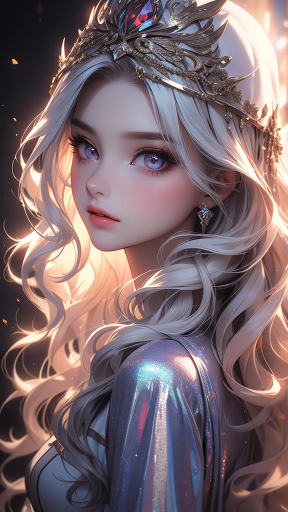 (masterpiece, sidelighting, finely detailed beautiful eyes: 1.2), 3d face, realistic, perfect face, masterpiece, highest quality, approaching perfection, (perfect face:1.1), (high detail:1.1), dramatic, (girl), pale skin, (holographic long wavy hair:1.4), white eyes, solo, long hair, white luxury fur coat, white dress, nob, albino, Luminous Studio graphics engine, pouty lips, devil magician, volumetric lighting, detailed eyes, (8k wallpaper masterpiece), hyper detailed, intricately detailed, overwhelmingly pixel perfect, roses, fashion, on side, looking at viewer