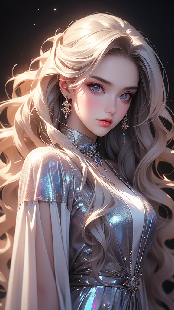 (masterpiece, sidelighting, finely detailed beautiful eyes: 1.2), 3d face, realistic, perfect face, masterpiece, highest quality, approaching perfection, (perfect face:1.1), (high detail:1.1), dramatic, (girl), pale skin, (holographic long wavy hair:1.4), white eyes, solo, long hair, white luxury fur coat, white dress, nob, albino, Luminous Studio graphics engine, pouty lips, devil magician, volumetric lighting, detailed eyes, (8k wallpaper masterpiece), hyper detailed, intricately detailed, overwhelmingly pixel perfect, roses, fashion, on side, looking at viewer