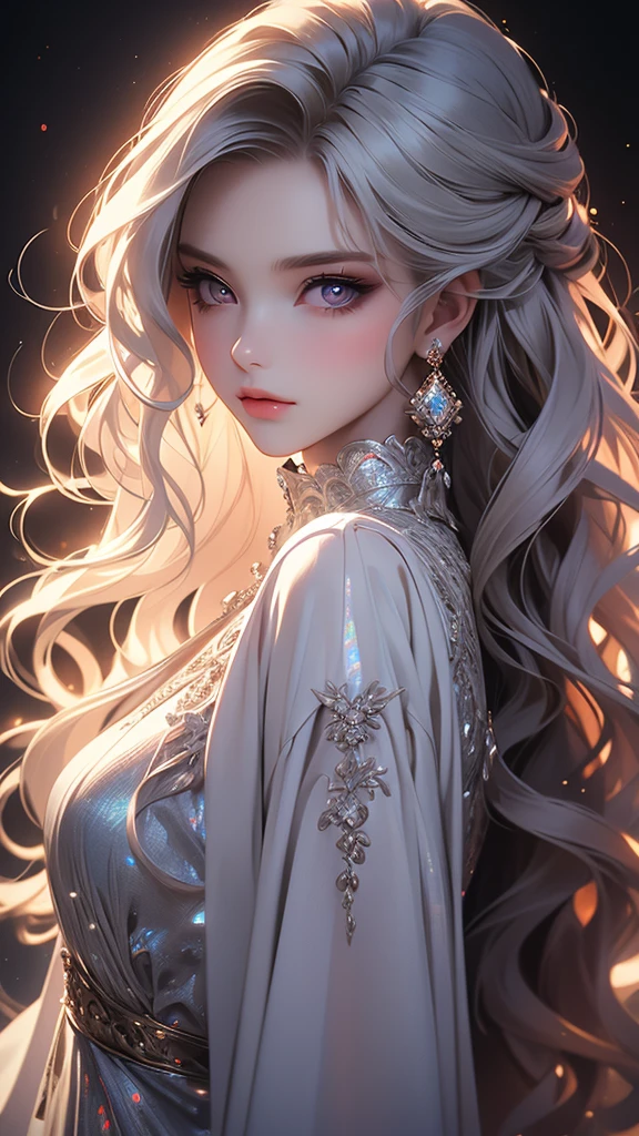 (masterpiece, sidelighting, finely detailed beautiful eyes: 1.2), 3d face, realistic, perfect face, masterpiece, highest quality, approaching perfection, (perfect face:1.1), (high detail:1.1), dramatic, (girl), pale skin, (holographic long wavy hair:1.4), white eyes, solo, long hair, white luxury fur coat, white dress, nob, albino, Luminous Studio graphics engine, pouty lips, devil magician, volumetric lighting, detailed eyes, (8k wallpaper masterpiece), hyper detailed, intricately detailed, overwhelmingly pixel perfect, roses, fashion, on side, looking at viewer