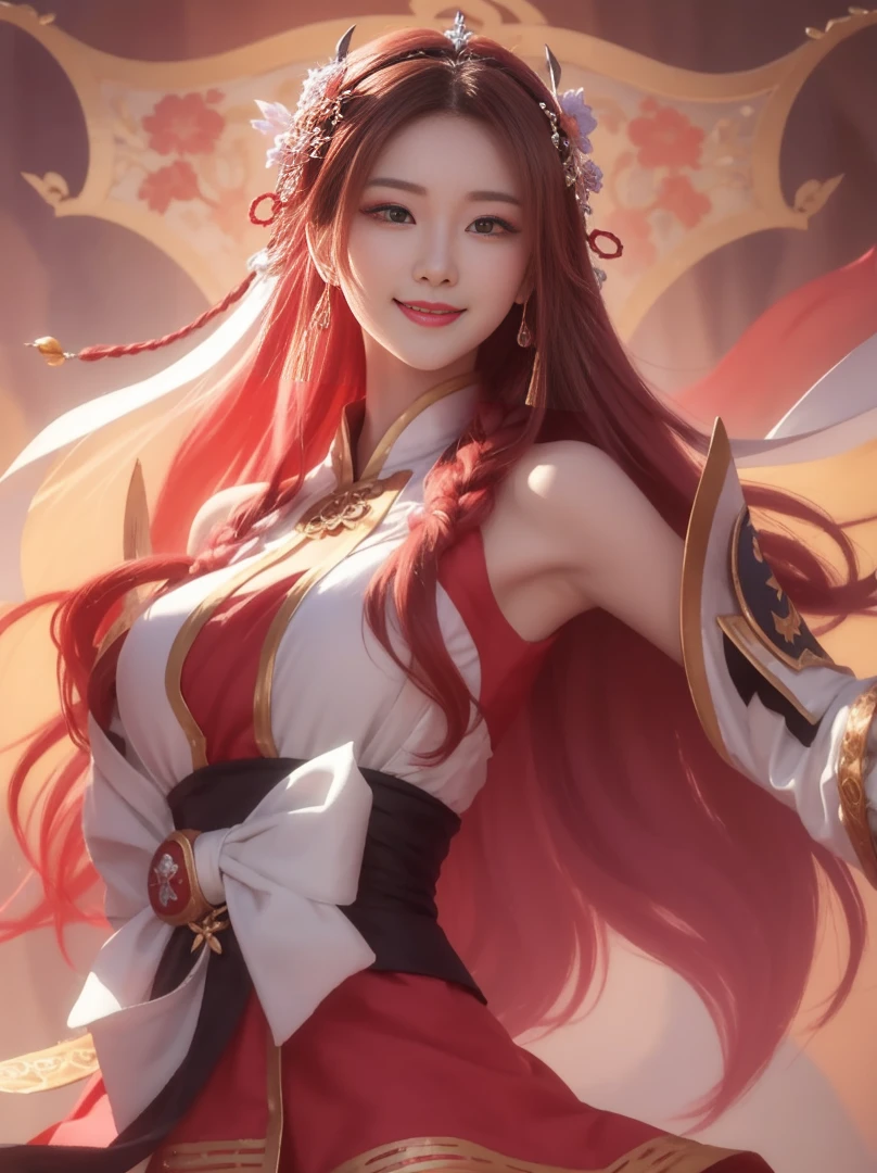 a beautiful young woman with extremely detailed eyes and face, long eyelashes, looking at the camera with a mean, seductive and charming expression, her long black hair with red highlights falling over one eye, wearing a red headdress, a neon shirt with an open jacket, a turtleneck sweater, and a choker, her perfectly symmetrical figure and large breasts accentuated, against a brick wall with graffiti in a dimly lit alley, with a cherry blossom and Japanese temple background, blooming flower fields and a luminous, radiant glow, in a dynamic, off-the-shoulders pose, her bare shoulders and cocked ass visible, with a faint smile on her luscious lips