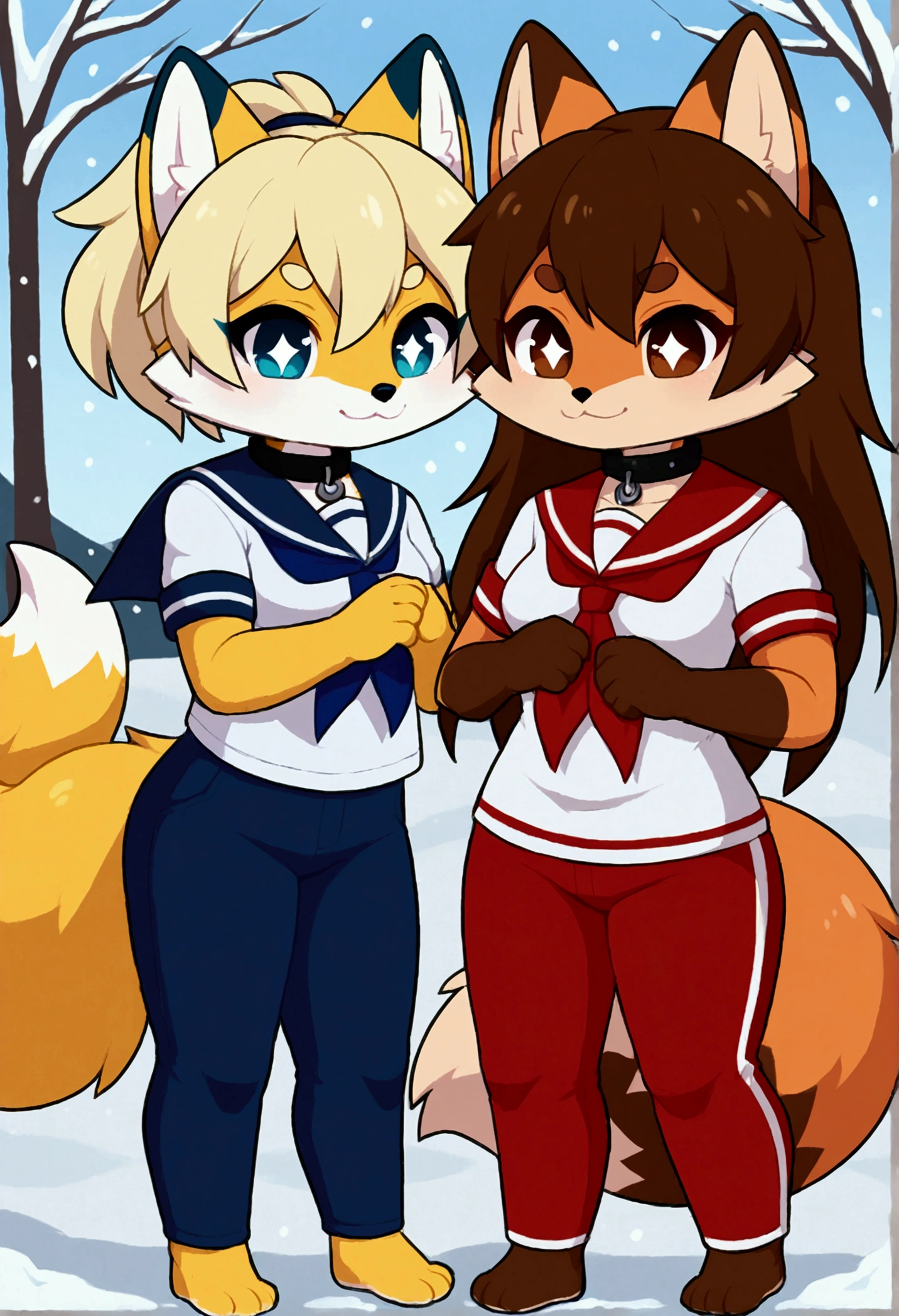 2girls, fox and tanuki, furry, bodyfur, tail, collar, sailor suit, short sleeves, jersey pants, long pants, yellow gloves, barefeet, chibi, sparkling eyes, full body, snow