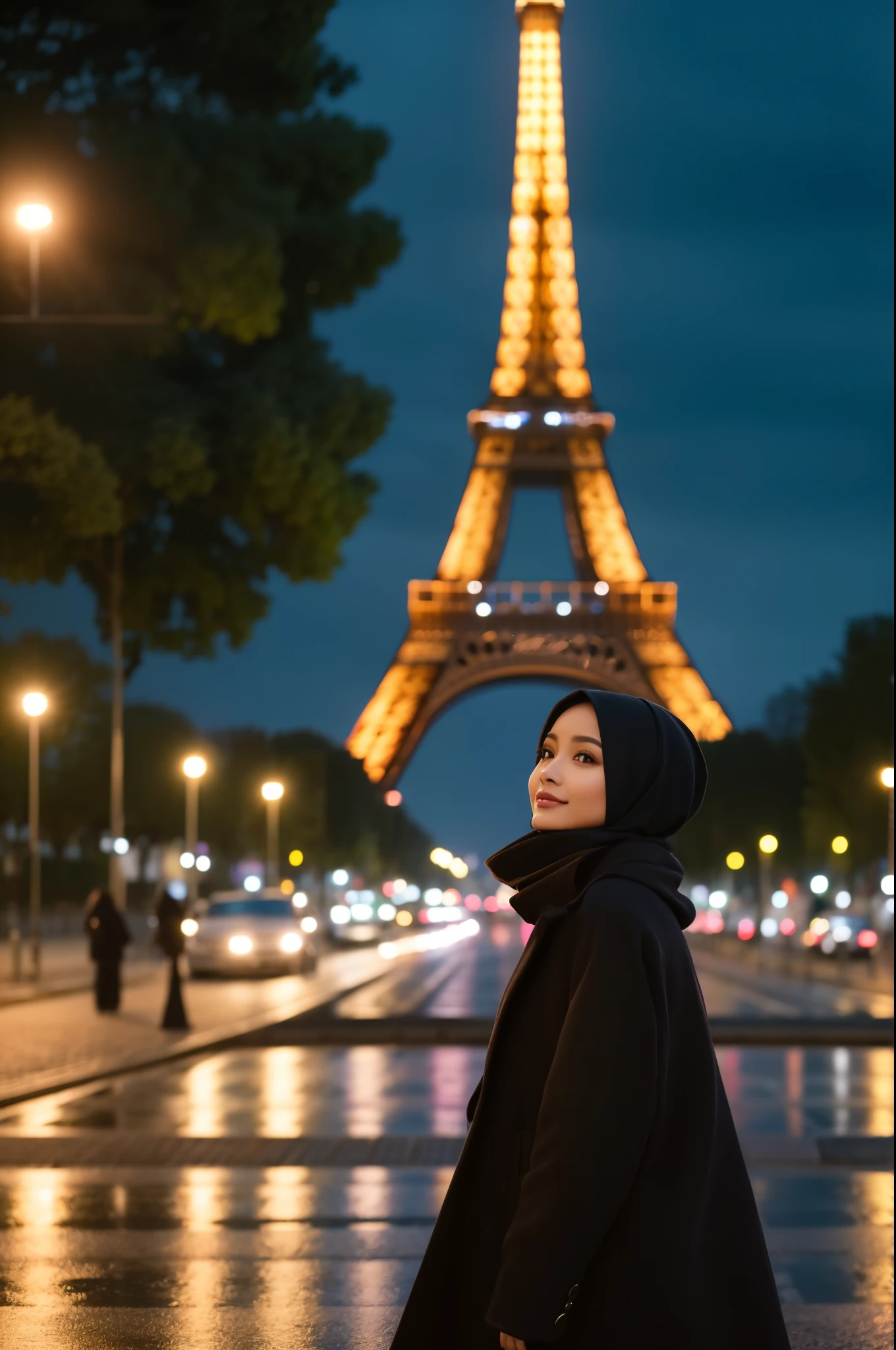 Create a cinematic shot of a gorgeous 26-year-old malay woman walking in the middle of a park. She is dressed in elegant brown winter fashion with a long black hijab wrapped around her neck (covering all her hair completly). Her face is symmetrical and stunning, with natural makeup, and she exudes a sultry, flirty look. The scene is set at night with drizzling rain, wet streets, and lots of pedestrians strolling around. The Eiffel Tower stands majestically in the background, illuminated against the night sky.
Use a Medium Long Shot to capture her full-length appearance as she walks. The camera tracks her subject walking forwards, maintaining a steady view of her elegant winter attire and the surrounding park environment. The streets and the Eiffel Tower should be in sharp focus, showcasing the cinematic lighting and the realistic, detailed atmosphere of the scene. The resolution should be ultra HD and 4K to highlight every aspect of her attire and the environment.