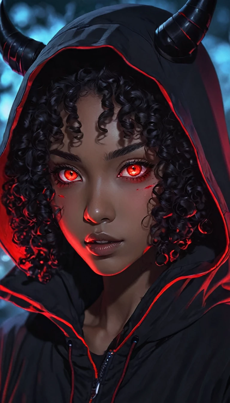 an Afro-descendant woman with long curly hair and red eyes wearing a black hood, anime foda 8k, 4K anime-style, com eerie glowing red eyes, com eerie glowing red eyes, 4k anime wallpaper, 4k anime wallpaper, 4k anime wallpaper, 4k anime art wallpaper, 8K anime art wallpaper, 4k anime art wallpaper, eerie glowing red eyes, demon anime girl