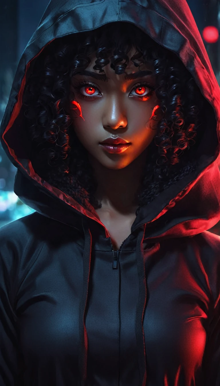 an Afro-descendant woman with long curly hair and red eyes wearing a black hood, anime foda 8k, 4K anime-style, com eerie glowing red eyes, com eerie glowing red eyes, 4k anime wallpaper, 4k anime wallpaper, 4k anime wallpaper, 4k anime art wallpaper, 8K anime art wallpaper, 4k anime art wallpaper, eerie glowing red eyes, demon anime girl