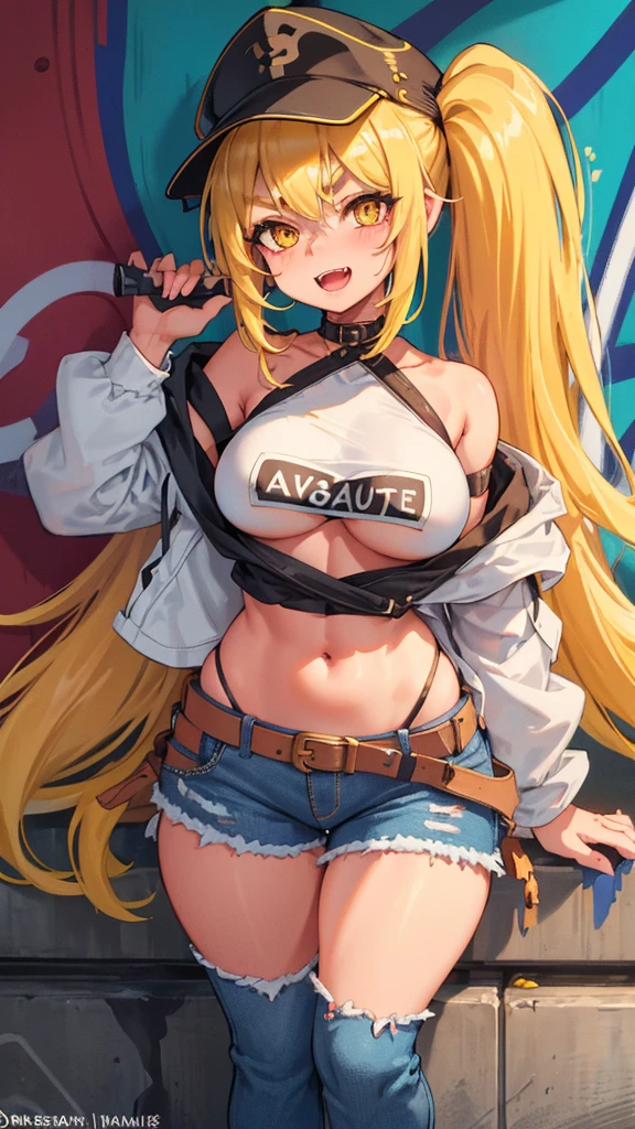 Original Character, Volumetric Lighting, Best Shadows, Shallow Depth of Field, Portrait Of Stunningly Beautiful Girl, , Delicate Beautiful Attractive Face With Alluring Yellow Eyes, Messy Painted Face, Sharp Eyebrows, Broadly Smiling, Open Mouth, Fangs Out, Lovely Medium Breasts, Layered Long Twintail Blond Hair, Blush Eyeshadow, Thick Eyelashes, Applejack Hat, Oversized Pop Jacket, Mini Underboob Tee, Open Navel, Slim Waist, Denim Jeans Pants, With Buckle Belt, In The Graffiti Alley, Waste Container, Outside Stairs, Outdoor Unit, Holding Spray Paint Can, Standing, (Highest Quality, Amazing Details:1.25), (Solo:1.3), Brilliant Colorful Paintings