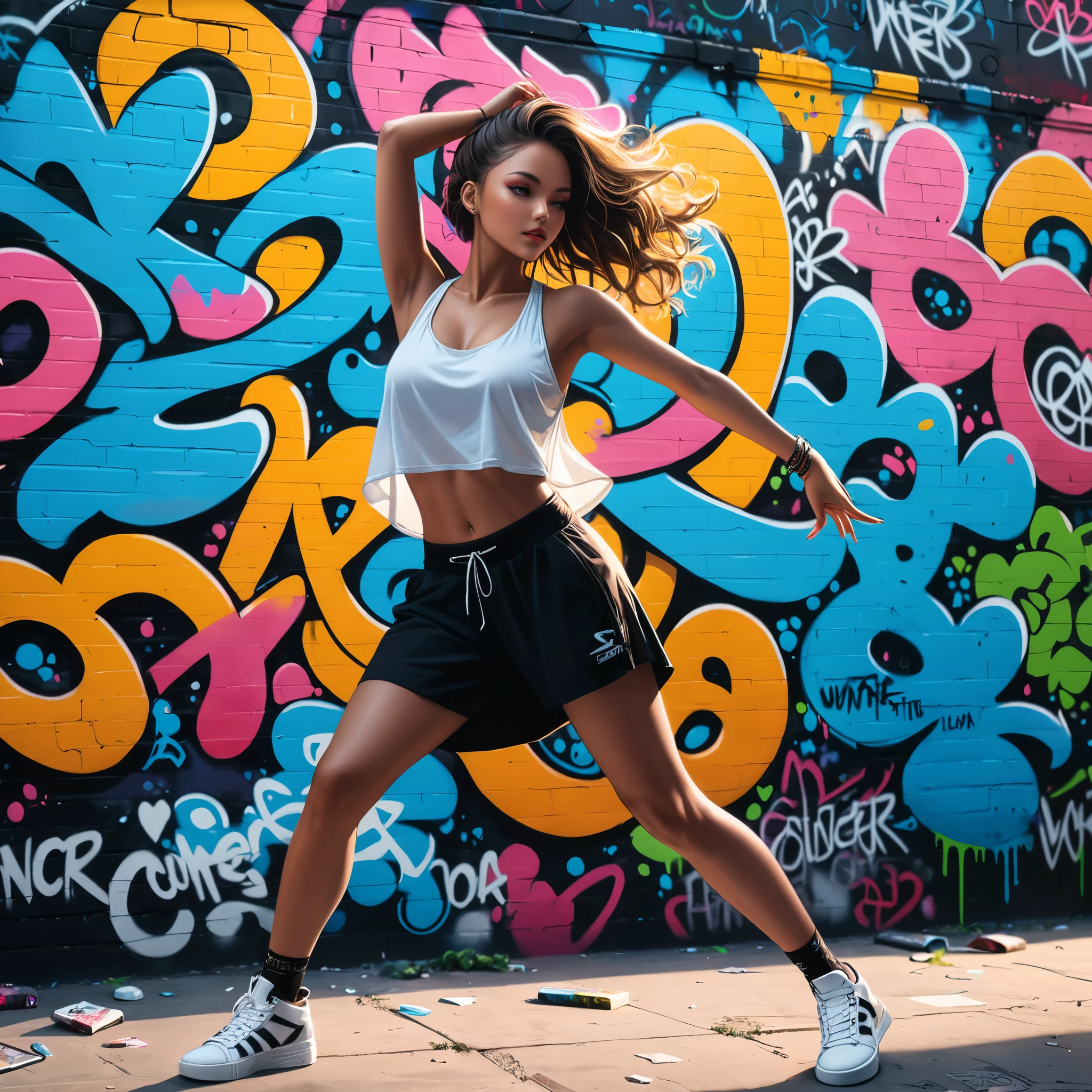 dancer dancing,gorgeous face,urban clothes,perfect anatomy,innocent,graffiti wall,cinematic lighting,(masterpiece,8k,Professional,perfect composition,very aesthetic,absurdres,ultra-detailed,intricate details:1.2),perfect proportion,hand